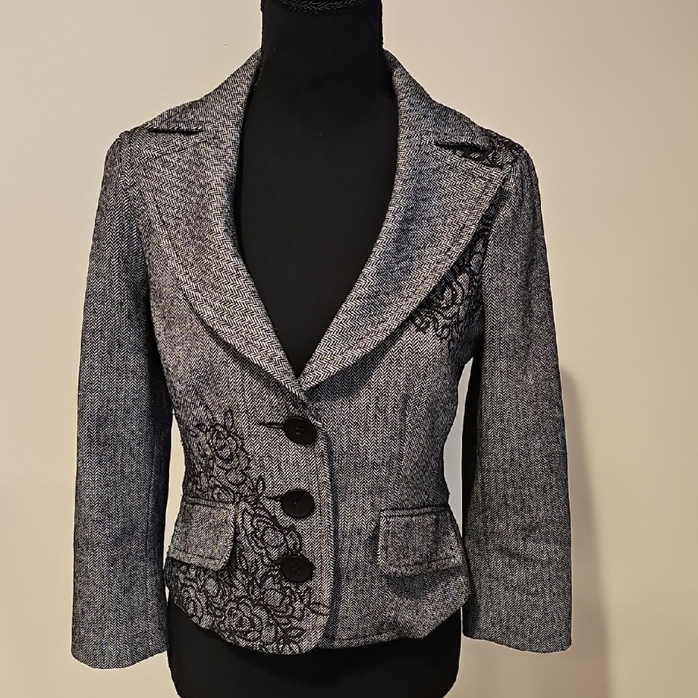 Bebe Gray Blazer with Black Floral Accents